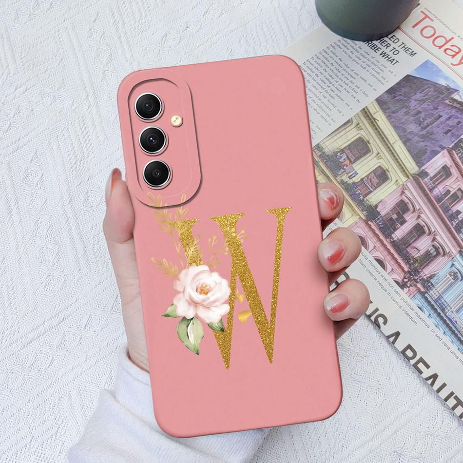 Phone Case For Samsung Galaxy A34 A33 A32 Elegant Rose Letter Soft Liquid Silicone Sqare Back Cover For Samsung A 34 33 32 Shell
