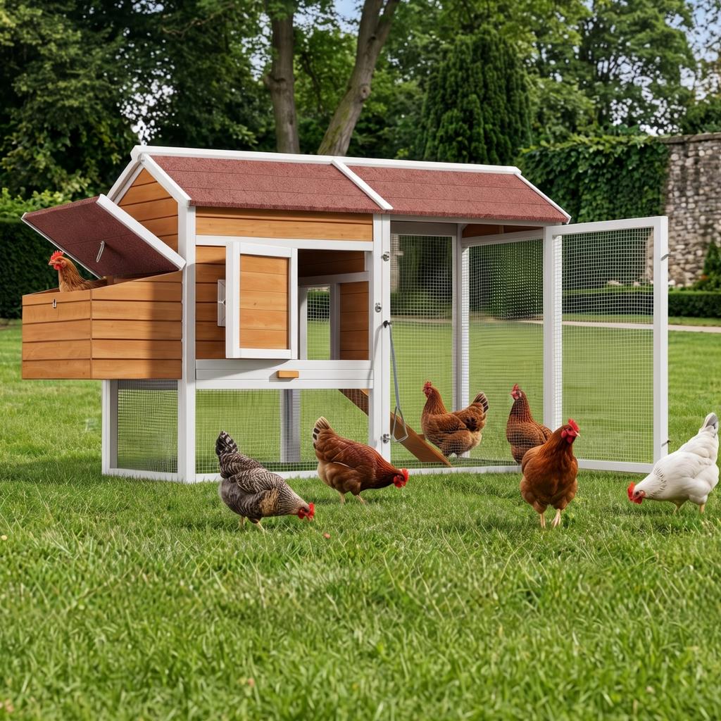 Pollaio, Invernale, Legno di Abete, Per 6-7 Galline, Cassette Nido, Vassoio Estraibile Zincato, 2 Posatoi, Recinto Esterno, 185x91x115 cm, Colore Legno