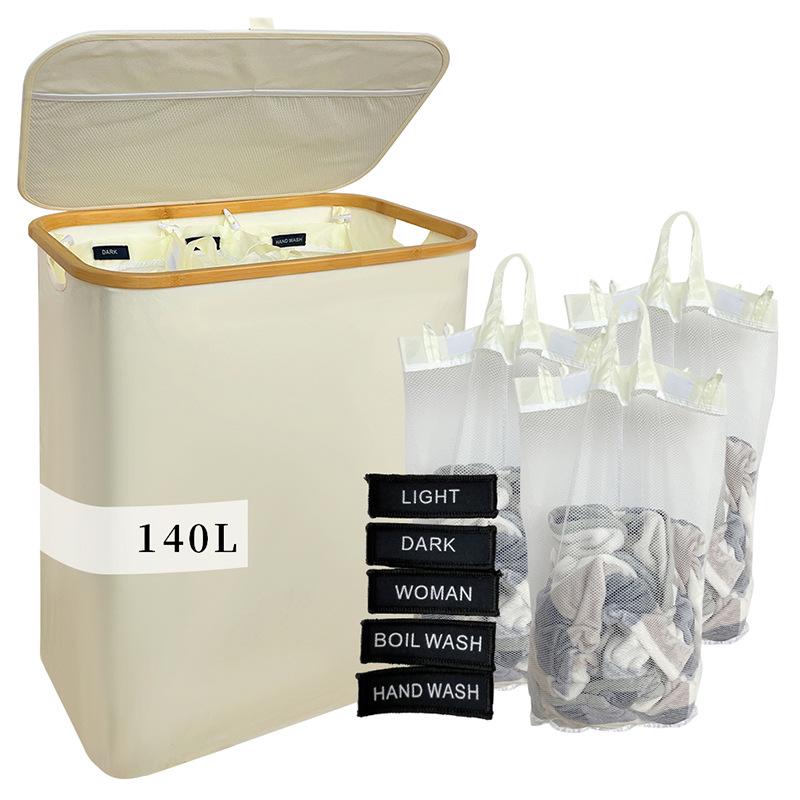 Foldable Bamboo Laundry Basket with Lid and Inner Bag for Bedroom or Bathroom