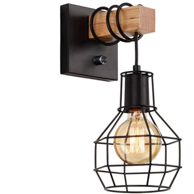China Wall Sconce Modern Retro Bedside Wall Lamp Cage Light Black Color with Wooden Base Bracket Light for Aisle Indoor WL0334