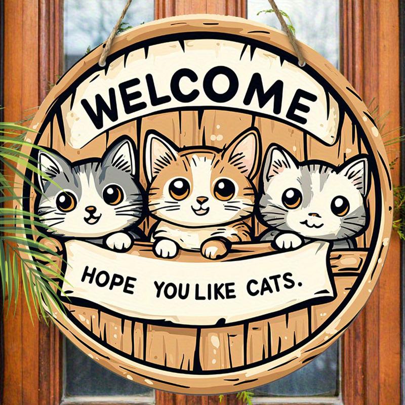 Dekorativt hengeskilt i tre, velkommenskilt, Mønsteret er tre søte katter, innendørs- eller hagedekorasjoner, 2D flat anheng, innflyttingsgaver til venner