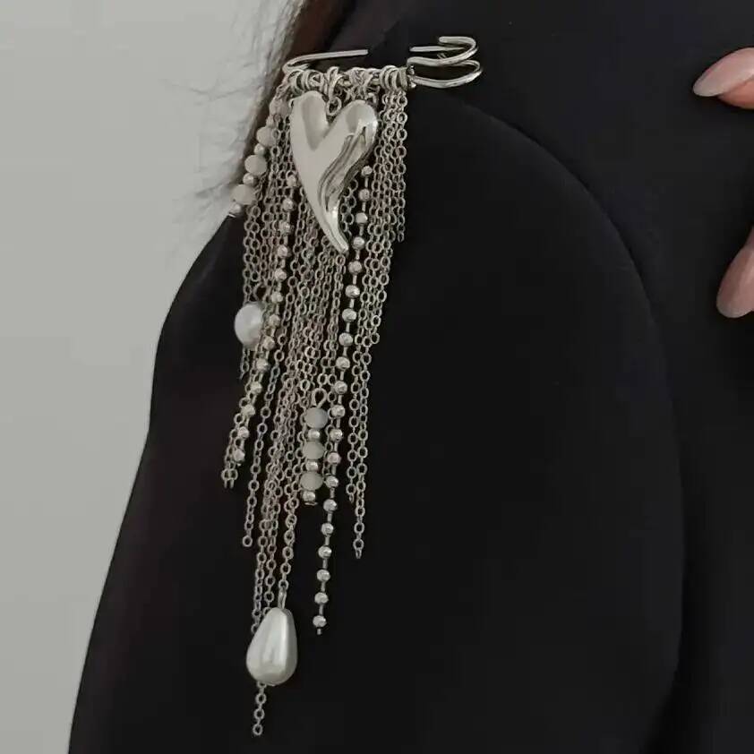 SHIXIN Trendy Charm Metal Heart Brooch Women Hyperbole Silver Color Imitation Pearl MultiLayer Tassel Brooches Jewelry Accessory