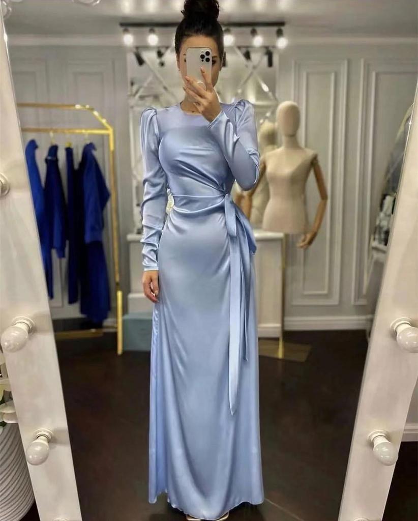 Elegant Spring/Summer Long Sleeve Waist-Tied Dress with Slit