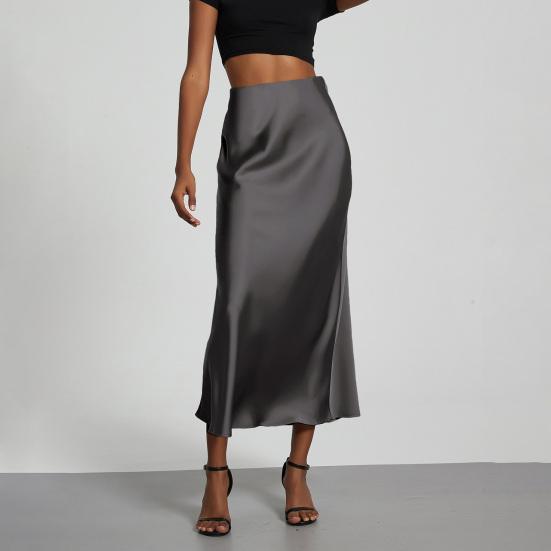 Women Midi Skirt Mid-rise A-Line Solid Color Fishtail Skirt Smooth Fabric Office Lady Skirt