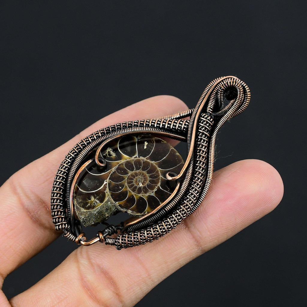 Ammonite Fossil 999 Copper Wire Wrapped  Pendant, Handmade Gemstone Jewelry Pendant For Memorial Day