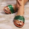 Foreign trade large size summer new one-word sequin sandals women wear square head open toe flat bottom beach women's sandals