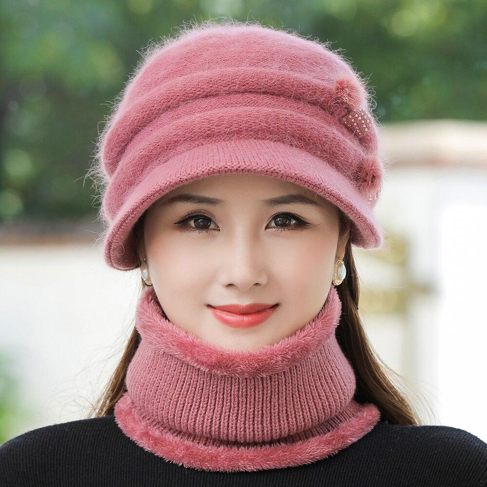 New Women Winter Hat Keep Warm Mom Cap Add Fur Lined Warm Set Hat For Female Casual Rabbit Fur Bucket Knitted Hat