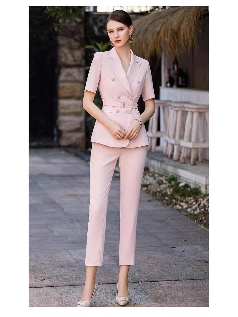 Damen Sommer Pink Kurzarm Blazer Set - Professioneller OL-Stil