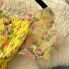 Abito Retrò Francese Floreale in Chiffon con Vita Cinciurata, Manica a Sbuffo Monospalla e Gonna in Rete
