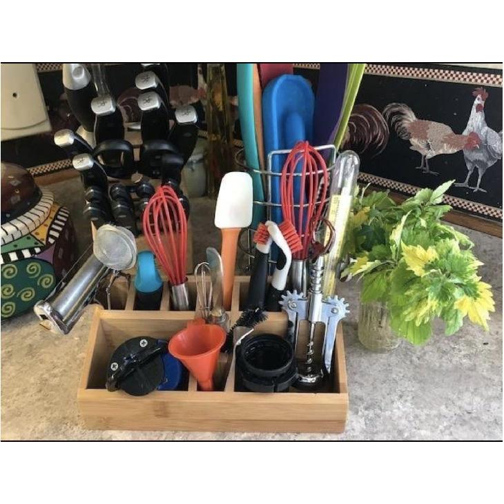 Small Multifunctional Bamboo Organizer | Desk Caddy | Home Office Accessory Tray | School Art Supply Holder | Pen Pencil Brush Compartment | Kitchen