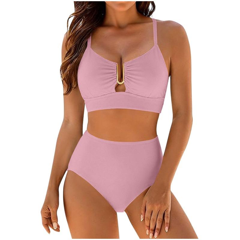 Women's Pink Metal Accent High-Waist Two-Piece Bikini Swimsuit