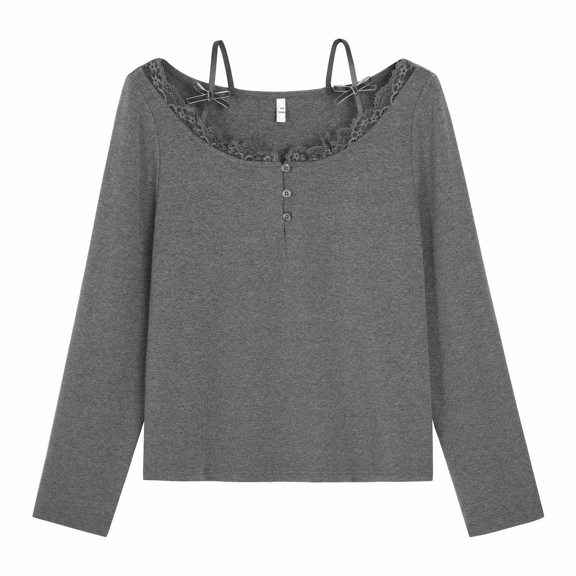 

Женская футболка больших размеров с кружевным узором на одно плечо и длинным рукавом 2XL (recommended 140-160 jin) серый