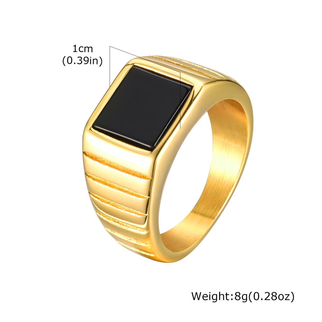 Retro Black Stone Signet Ring for Women, Fashion Gold Color Stainless Steel Statement Ring, Polished Square Jewelry Gift