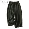 Korean Fashion Summer Women Basic Simple Pants High Waist Drawstring White Dark Green Straight Trousers Vintage Cotton Ladies' Pants