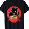 Retro Japanese Art Cat Eating Lamian Noodles Tshirt  Black Casual Short Sleeve Tshirt Red Circle and Chopsticks Design