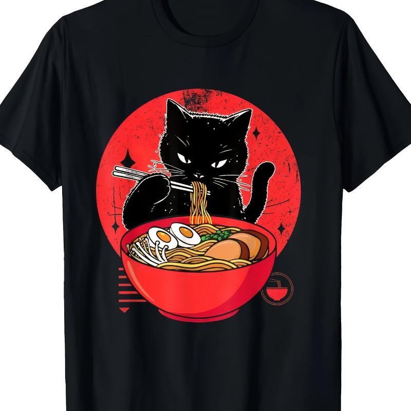Retro Japanese Art Cat Eating Lamian Noodles Tshirt Black Casual Short Sleeve Tshirt Red Circle and Chopsticks Design
