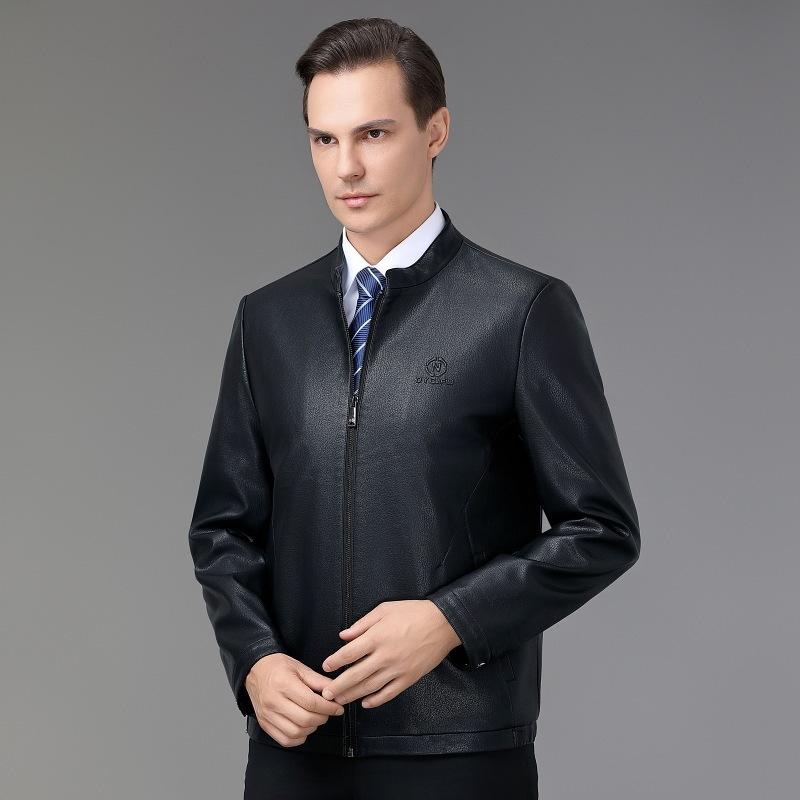 Novas jaquetas de couro de pele de carneiro para outono e inverno para homens, jaquetas casuais de couro de meia-idade, jaquetas masculinas elegantes com gola alta