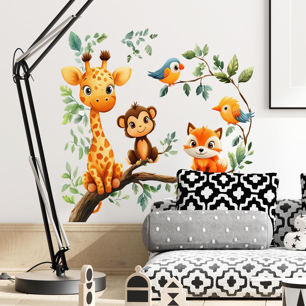 2 Pcs Tree Branches Cartoon Animals Bedroom Living Room Home Background Beautification Decoration Wall Stickers