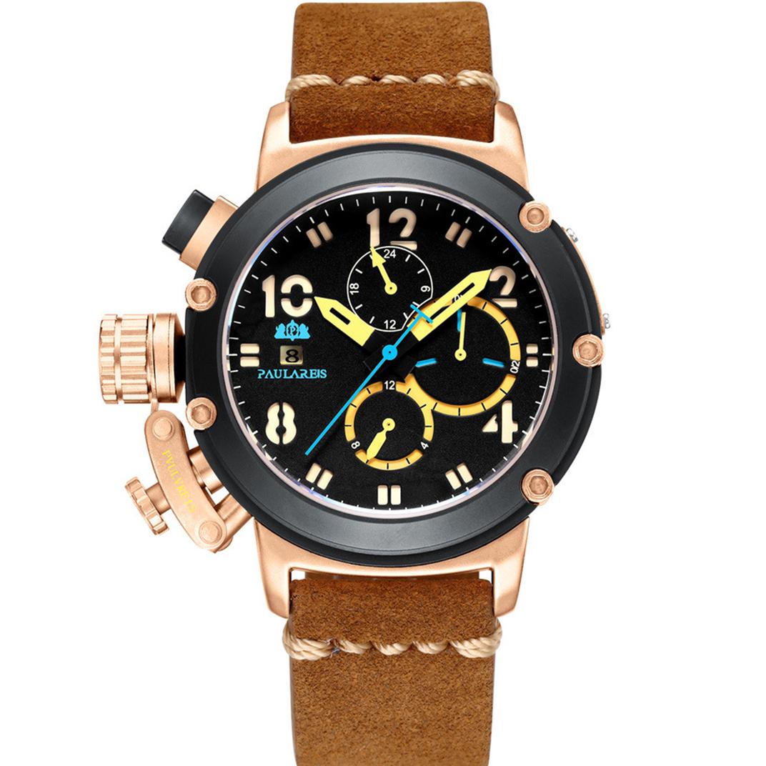

Paulareis Полностью автоматические механические многофункциональные ночные кожаные мужские часы розового золота Автоматические часы