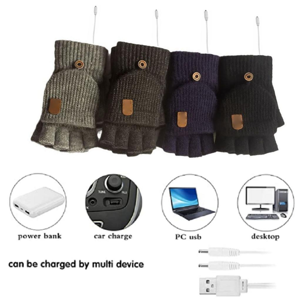 USB Heated Gloves Fingerless for Men Women Acrylic Fiber Electric Hand Warming Gloves for Winter Skiing Gaming Light Gray