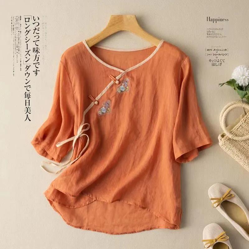 Women's Pink Cheongsam Style 3/4 Sleeve Blouse with Frog Buttons and Embroidery Detail