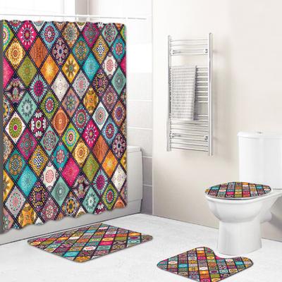 Ethnic Style Texture Printing Bathroom Non-Slip Floor Mat Shower Curtain Combination Carpet European And American Style