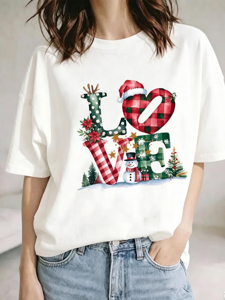 (Asian Size) cute holiday Christmas Festival Tee Clothing New Year T Shirt Women Fashion Top Print Woman Short Sleeve Graphic T-shirts