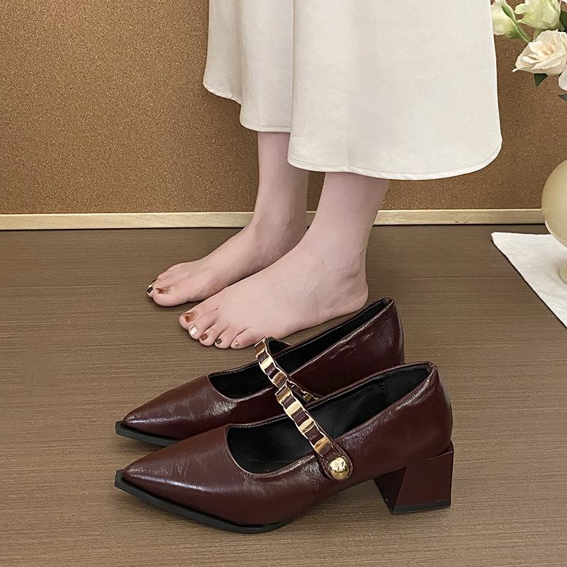 Francouzské baleríny s hranatou špičkou, malé kožené boty, 2025 nové s mašlí, s lehkým výkrojem, retro silný podpatek, boty Mary Jane pro ženy