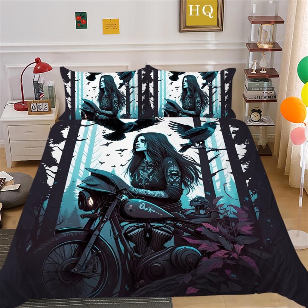 3D Beauty Skull Head Bedding Set Beauty Skull Head Motorcycle Pattern Quilt Cover Pillow Case 2/3 Pieces Microfiber Fabric Full Size Home Decoration