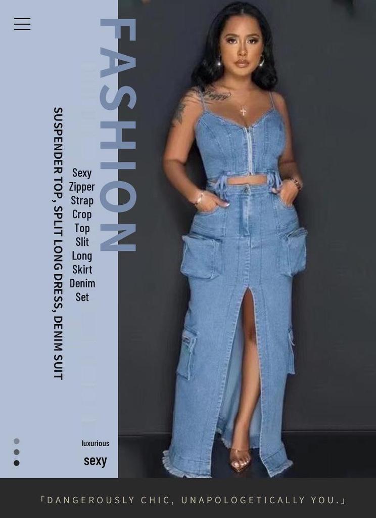 Stylish Denim Suit with Exposed Navel Zipper Top & Multi-Pocket Split Long Skirt