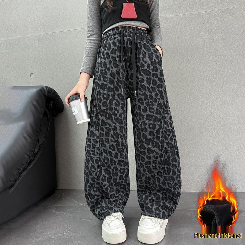 

Girls Fleece-Lined Leopard Print Cargo Pants - Fashionable Wide-Leg Street Dance Winter Wear 160 cm