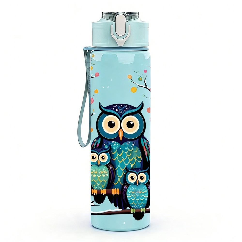 1PC Owl Tree Branch Floral Cartoon Print 750ml Color Plastic Sports Water Bottle Leakproof Flip Straw Lid Suitable for Sports Office Home Use
