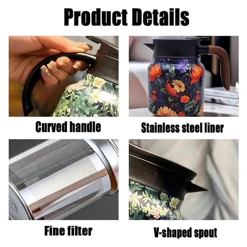 1000ml High-capacity Stainless Steel Pretty Tea Pot Vintage Beautifully Crafted Floral Pattern Home heat preservation Tea Pots