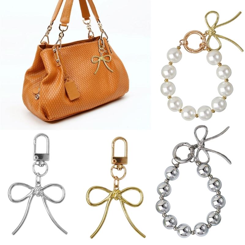 Delicate Keychain with Beaded Bowknot Phone Charm Unique Keyring Bag Pendant for Car Key Wallet Backpack Purse