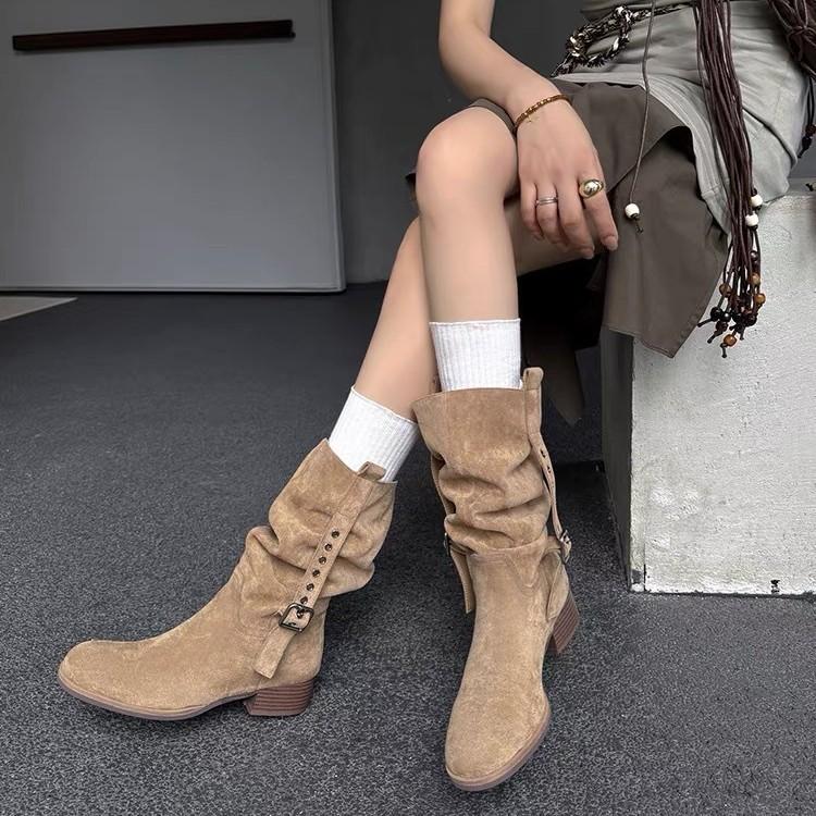 Sheepskin Vintage Skinny Pleated Pile Boots Brown Merad Medium Boots Women's Coarse Heel Western Cowboy Boots Short Boots