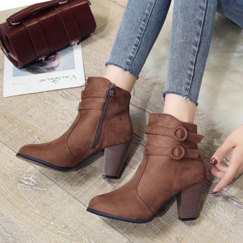 Large Size Cross-border Thick Heel Short Boots Autumn Suede Belt Buckle High Heel Bare Boots Women's Side Zipper Martin Boots