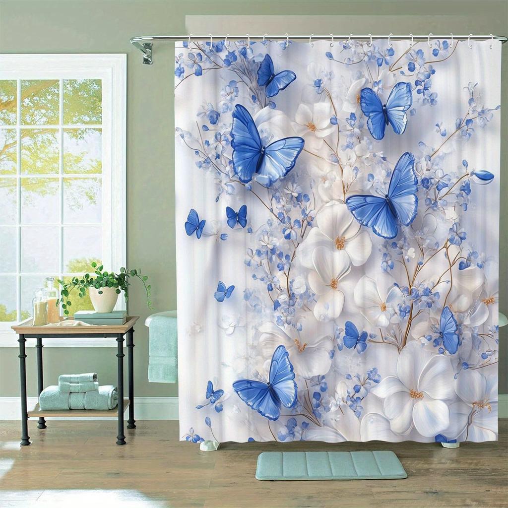 Blue Butterfly Theme Shower Curtain - Waterproof, 12 Hooks, Suitable For Home/Hotel, Machine Washable, One Piece