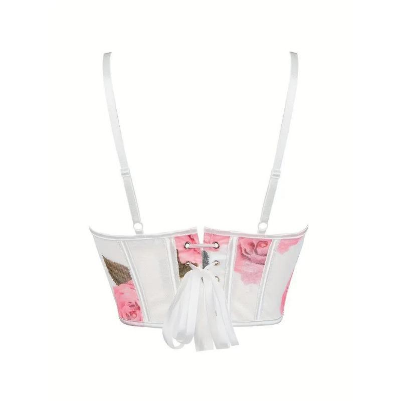 Mesh Rose Print Front Hook Corset Top Spaghetti Strap Bustier Crop Top for Women