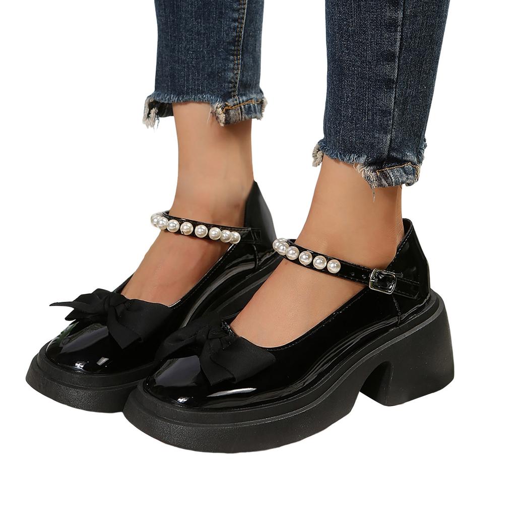 Leisure Women's Four Seasons Pearl Decoration Strap Non Slip Square Heels Round Toe Business Casual Dress Shoes for Women