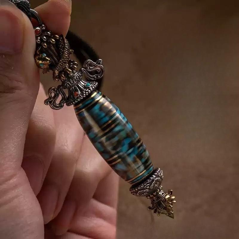 Koi Fish Nine-eye Celestial Bead, Vajra Staff Pendant, Six-character Precept for Subduing Demons, Aged Folk Art Jewelry Piece