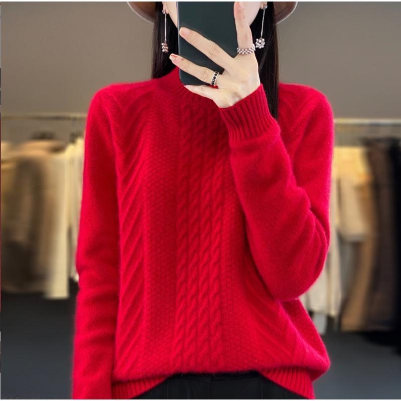 Vintage Women's Sweater Solid Autumn Winter New Half High Collar Pullover Knit Shirt Top
