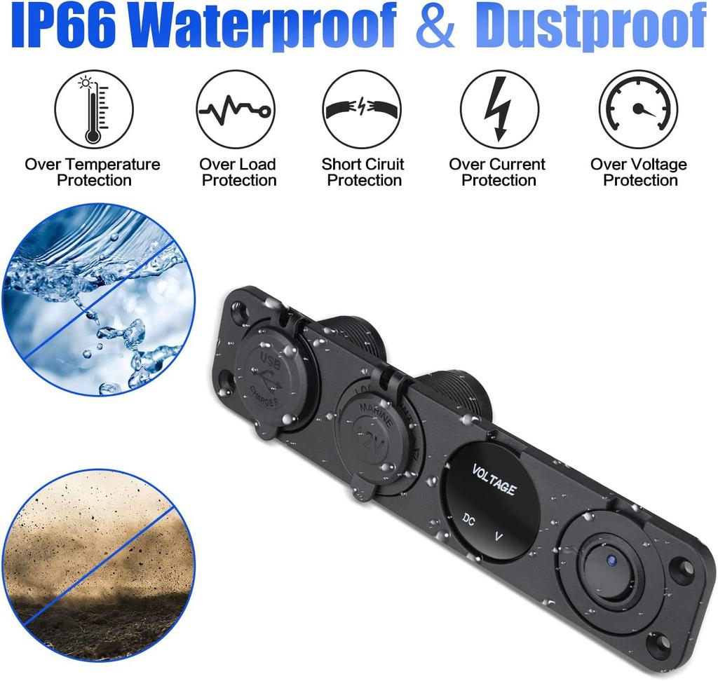 4 In 1 Panel Dual QC 3.0 USB Car Charger Power Outlet Voltmeter Cigarette Lighter Socket Switch for Car Marine Boat RV Truck