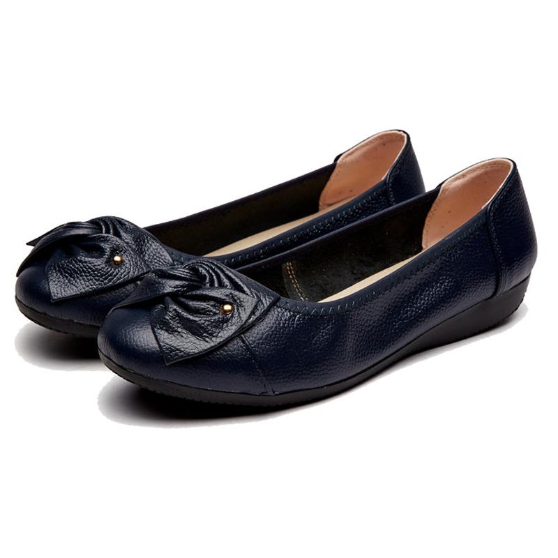 Spring Shoes Woman Flats Genuine Leather Slip On Ballet Flats Bowknot Casual Women Shoes Moccasins Loafers Plus Size 43 WSH3376