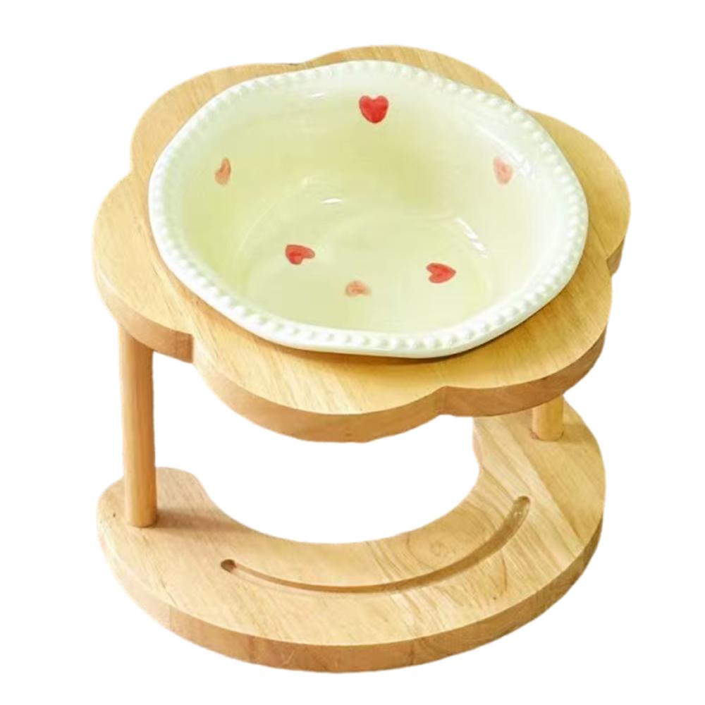Anti Vomiting Ceramic Cat Bowl 15 Degree Inclined Anti Slip Cat Feeding Station Flower Shaped with Wooden Stand