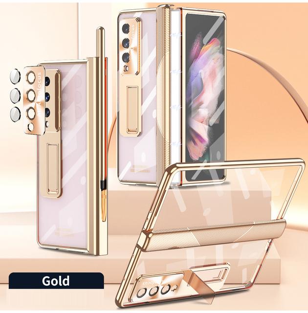 Magnetic Hinge Electroplate Frame Transparent Cover For Samsung Galaxy Z Fold 4 Case With Tempered Glass S Pen Bracket