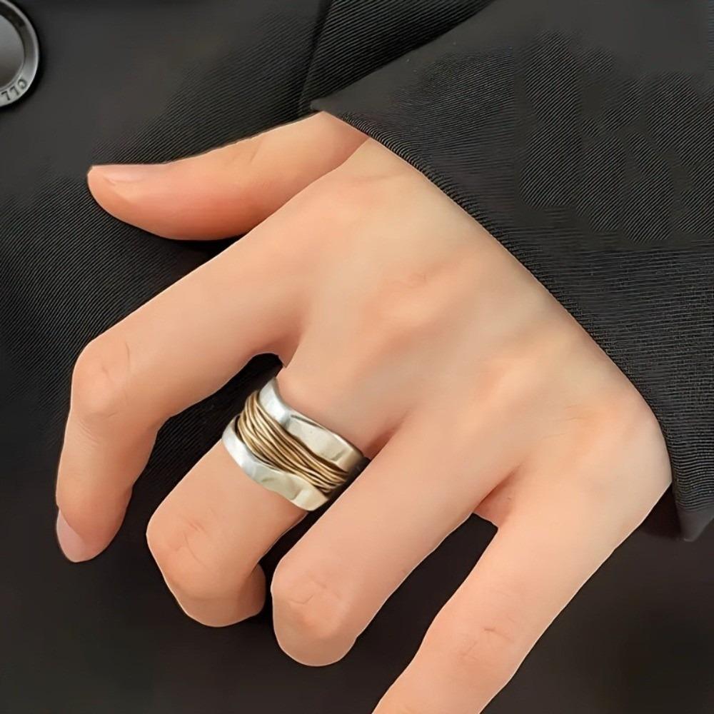 Double Layer Geometric Wide Face Ring Engraved Line Punk Style Ring Two-tone Ring Festival Wear