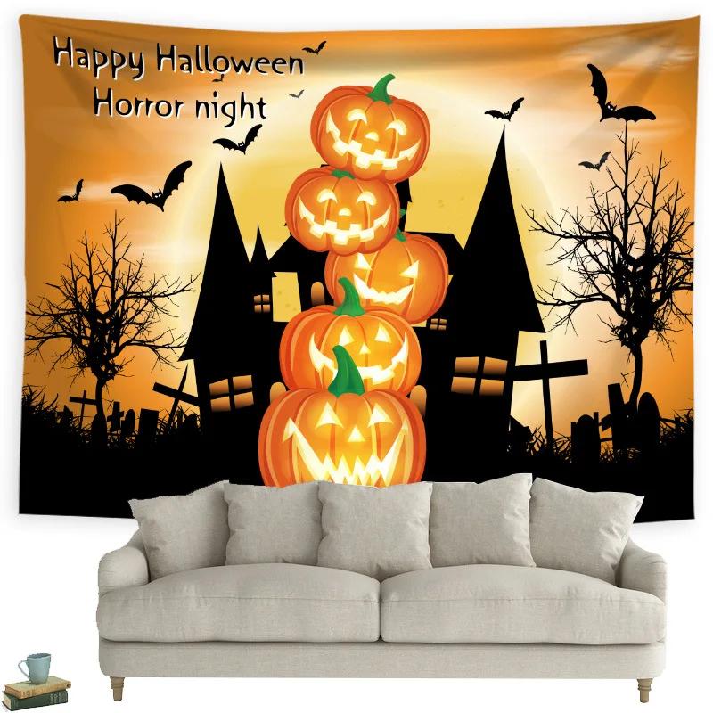 Happy Halloween Tapestry Horror Spooky Castle Pumpkin Wall Hanging Dorm Room Wall Decor Backdrop Fabric Halloween Wall Blanket