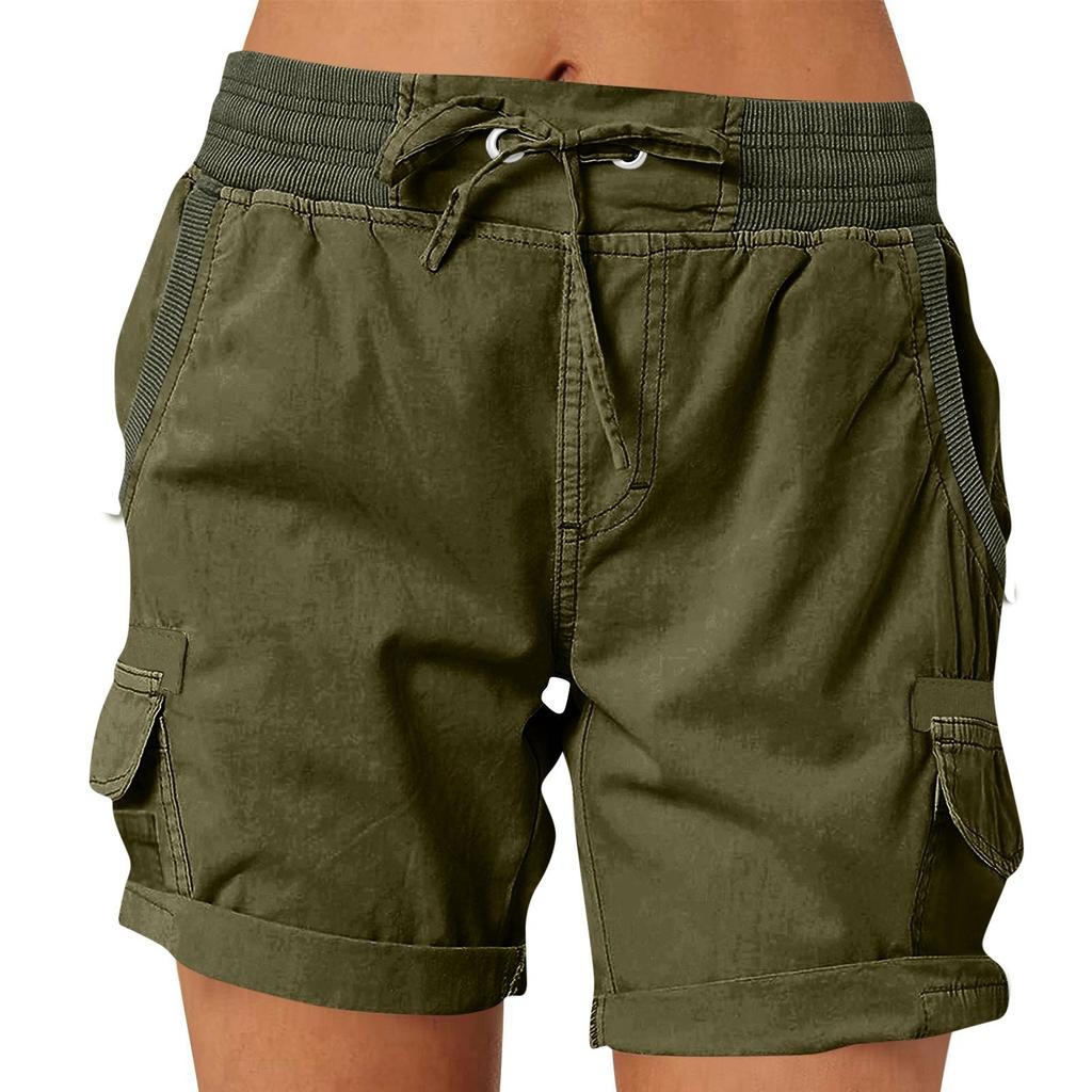 Women's Fashionable Solid Color Pocket Drawstring Casual Work Pants With Elastic Waist And Rolled Edge Five Quarter Shorts