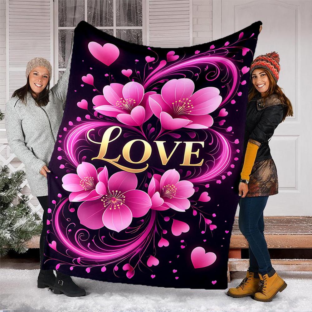 1pc Floral Love Decor Outdoor Flannel Blanket Soft All Season Polyester Throw , Perfect for Picnics & Travel , Picnic Accessory