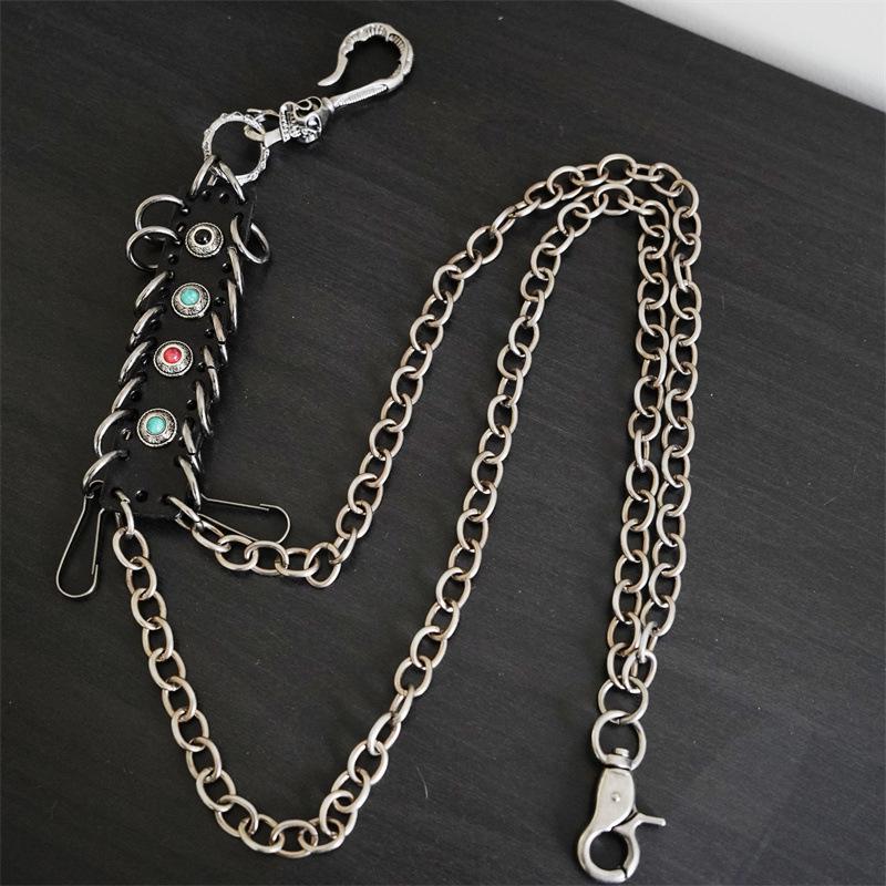 Men's Hip Hop Skull Metal Turquoise Wallet Chain with Decorative Cowhide Accent
